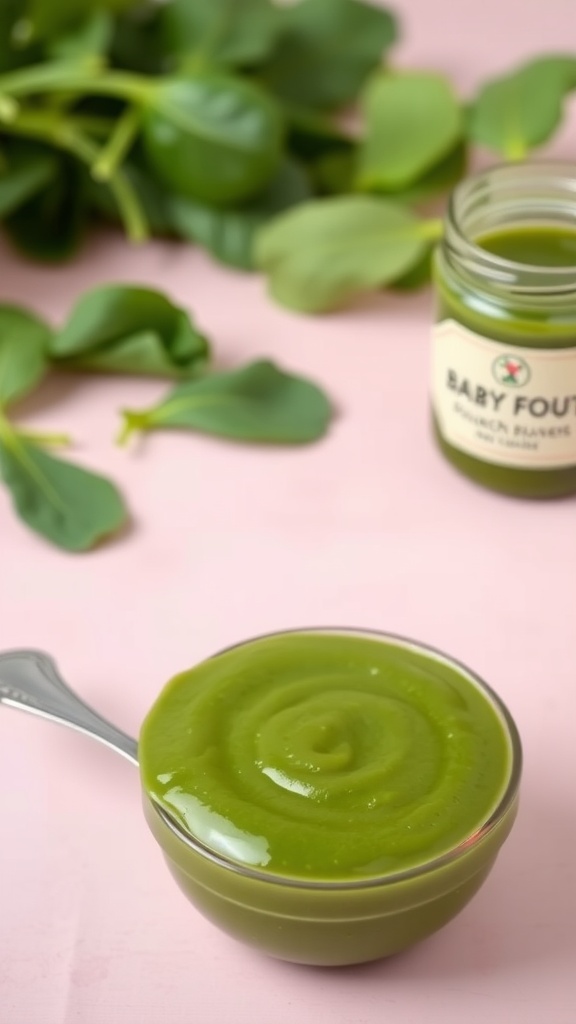 A bowl of spinach puree for babies, with fresh spinach leaves beside it.
